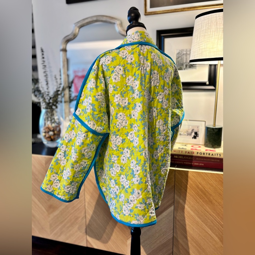 ๐งต HANDMADE (by me!) Floral Quilt Coat Jacket with Blue Trim M-XL - Picture 9 of 15